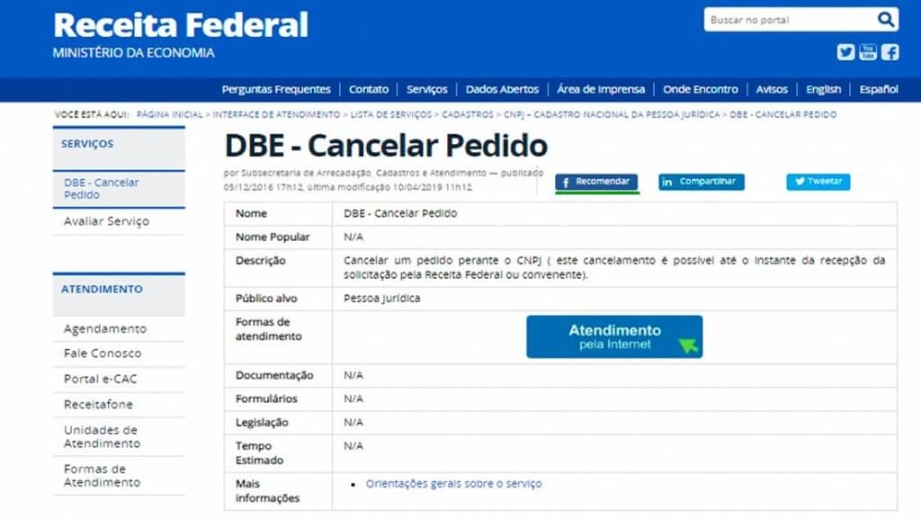 No site da Receita Federal você pode fazer o cancelamento do DBE