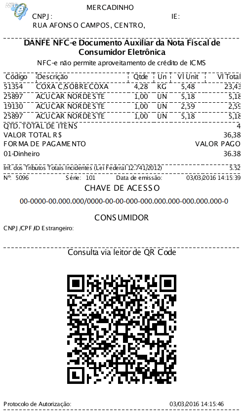 Exemplo de Nota Fiscal do Consumidor