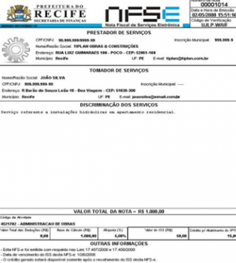 Exemplo de Nota Fiscal de Serviço Eletrônica, a NFSe